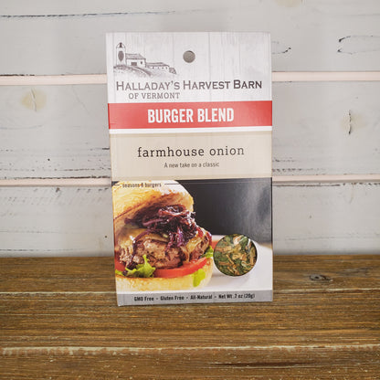 Burger blend packaging with a burger image on a wooden surface