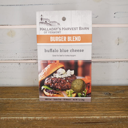 Burger blend packaging with 'Halladay's Harvest Barn' branding on a wooden surface.