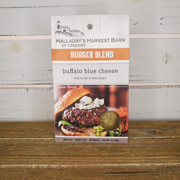 Burger blend packaging with 'Halladay's Harvest Barn' branding on a wooden surface.