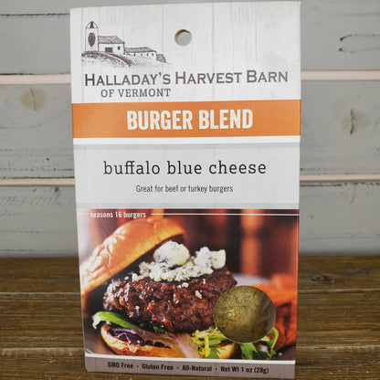 Halladay's Harvest Barn burger blend packaging with a burger image on a wooden surface