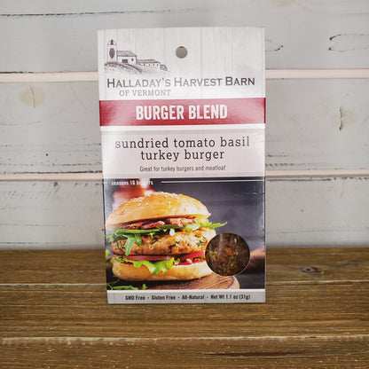 Halladay's Harvest Barn burger blend packaging on a wooden surface