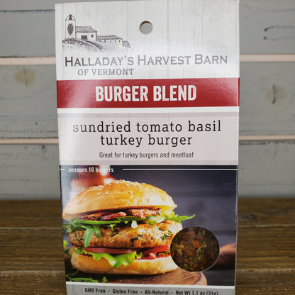 Package of Halladay's Harvest Sundried Tomato Basil Burger Blend on a wooden background