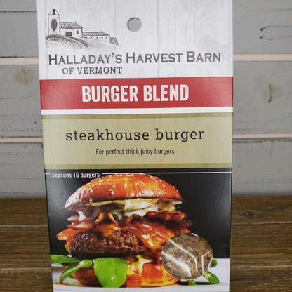 Box of Halladay's Harvest Barn of Vermont Burger Blend steakhouse burger mix on a wooden surface.