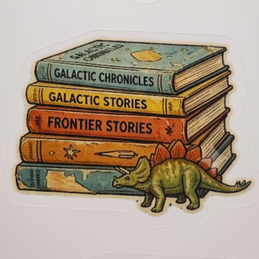A die-cut sticker featuring a stack of vintage science fiction books with a small green Stegosaurus dinosaur in front, shown on a plain light background.