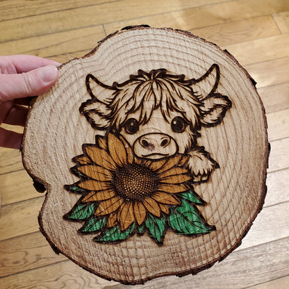 Baby Highland Cow with Sunflower Wooden Round Slab Wall Decoration
