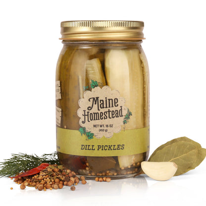 Jar of Maine Homestead Dill Pickles with a gold lid on a white background