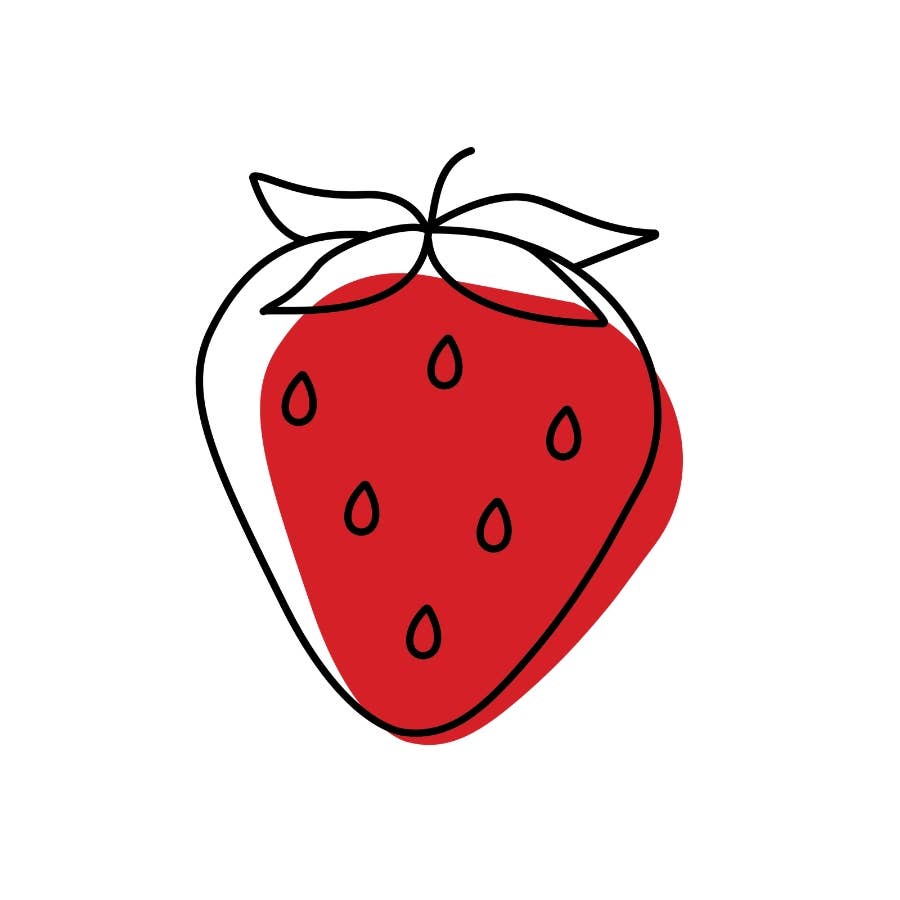 Red strawberry with black outline on a white background