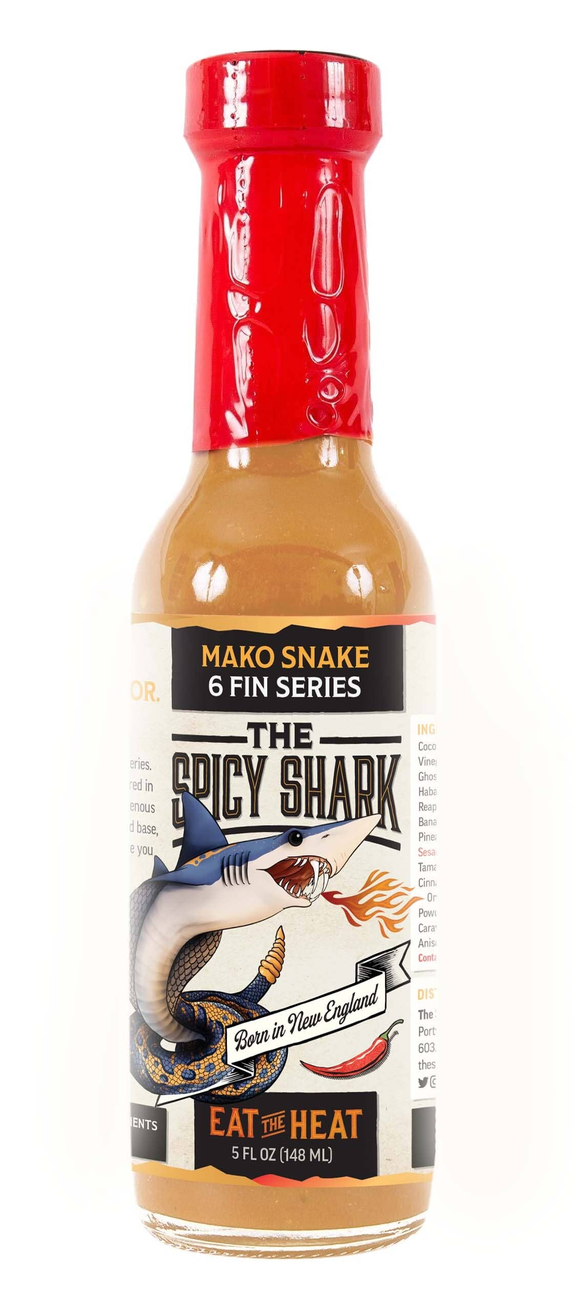 Hot sauce bottle with red cap and label featuring 'The Spicy Shark' branding on a white background.
