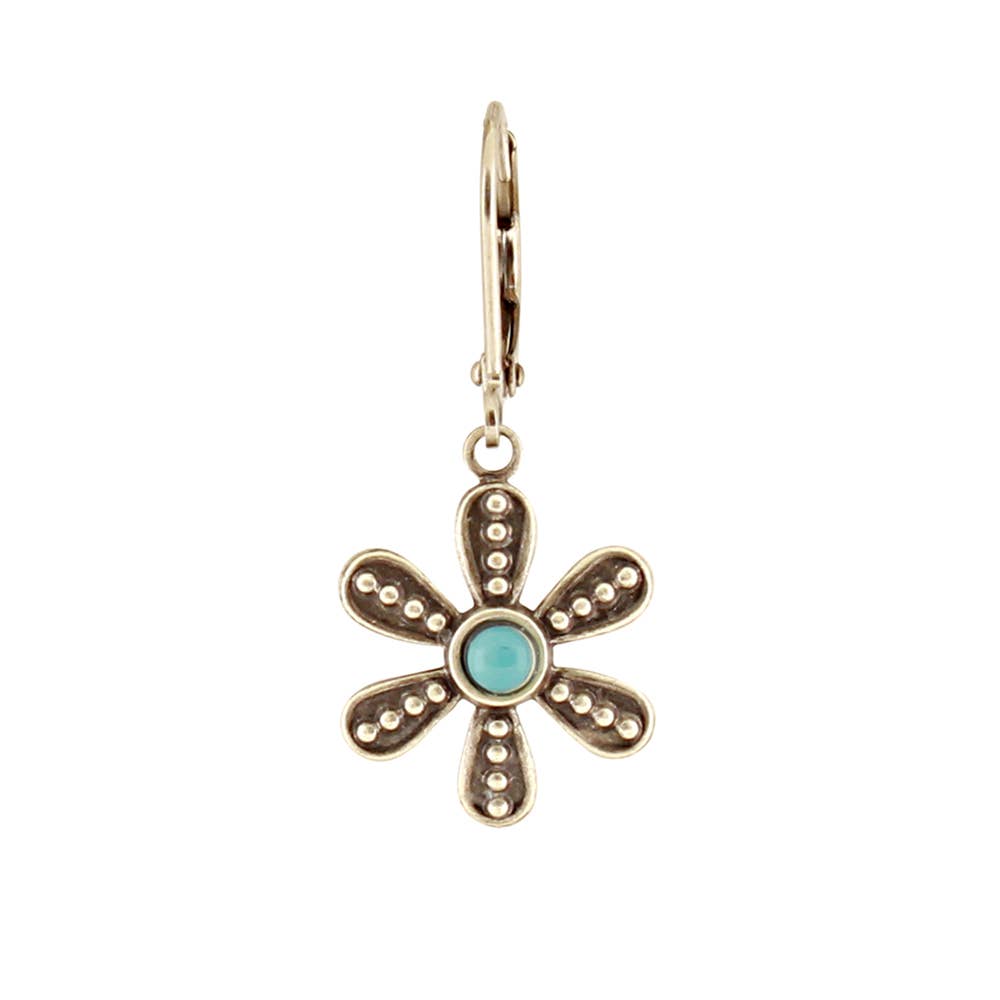 Gold flower-shaped earring with turquoise center on a white background