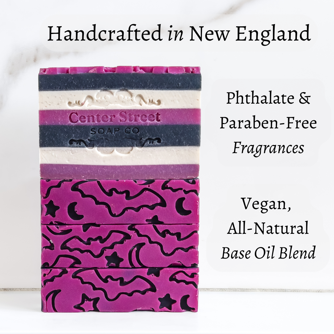 Purple and white soap bar with 'Center Street Soap Co' branding on a white background.