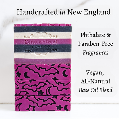 Purple and white soap bar with 'Center Street Soap Co' branding on a white background.
