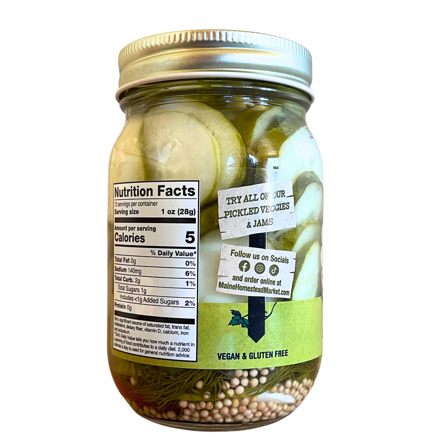 A glass mason jar filled with sliced pickled onions and herbs, sealed with a silver metal lid. The jar has a white nutrition facts label and a green sticker that reads 'VEGAN & GLUTEN FREE', set against a plain white background.