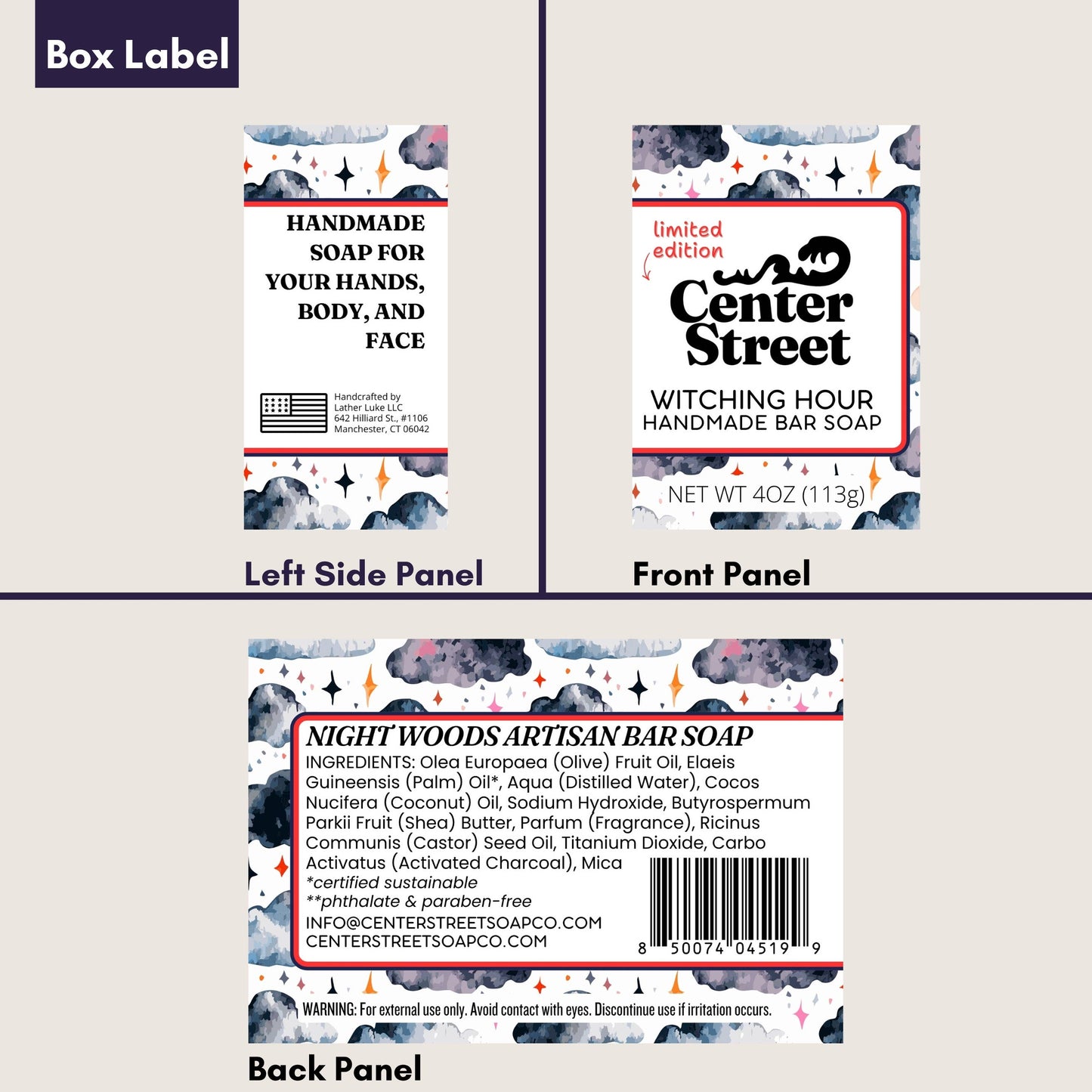 A product packaging mockup showing the three panels of a bar soap label: left side panel, front panel, and back panel, labeled 'Box Label' at the top. The soap is called 'Night Woods Artisan Bar Soap' by 'Center Street'.