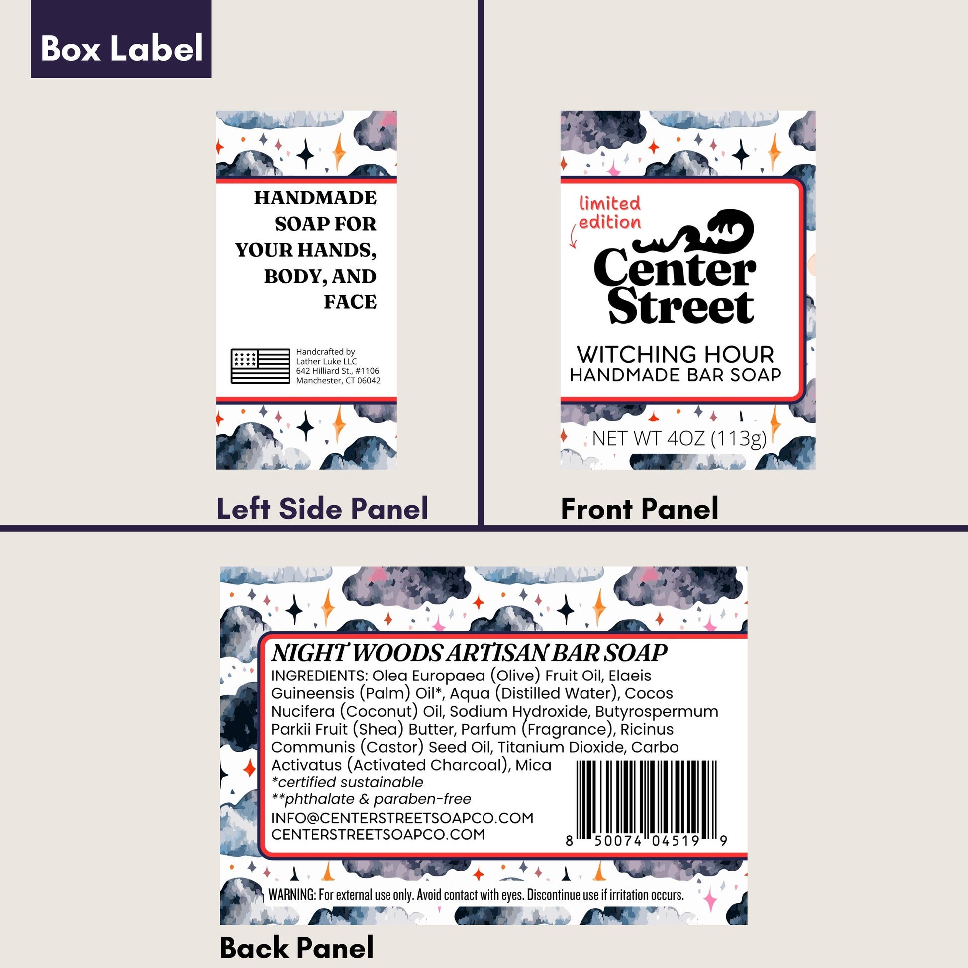 A product packaging mockup showing the three panels of a bar soap label: left side panel, front panel, and back panel, labeled 'Box Label' at the top. The soap is called 'Night Woods Artisan Bar Soap' by 'Center Street'.
