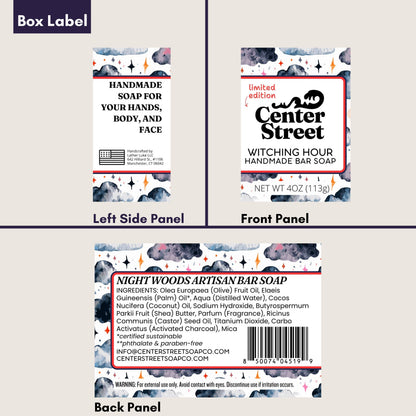 A product packaging mockup showing the three panels of a bar soap label: left side panel, front panel, and back panel, labeled 'Box Label' at the top. The soap is called 'Night Woods Artisan Bar Soap' by 'Center Street'.