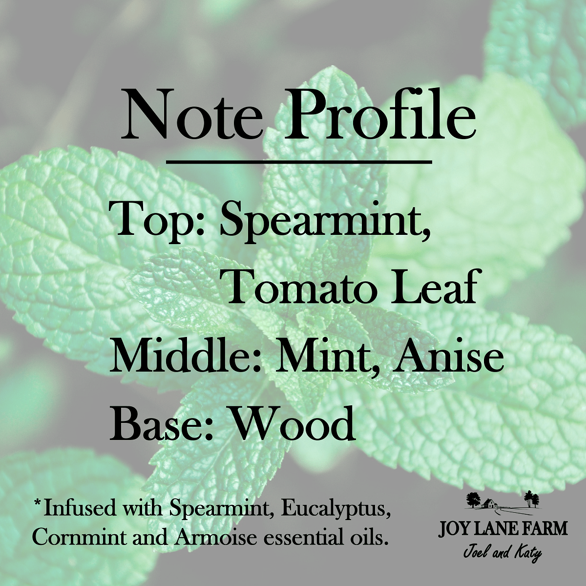 A text-based note profile graphic over a blurred green leaf background, listing fragrance notes: Top: Spearmint, Tomato Leaf; Middle: Mint, Anise; Base: Wood. Small text at the bottom says the profile is infused with spearmint, eucalyptus, corment, and armoise essential oils.