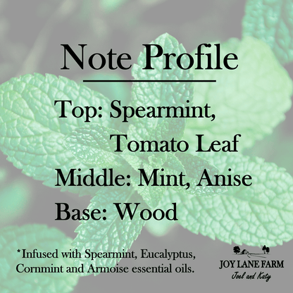 A text-based note profile graphic over a blurred green leaf background, listing fragrance notes: Top: Spearmint, Tomato Leaf; Middle: Mint, Anise; Base: Wood. Small text at the bottom says the profile is infused with spearmint, eucalyptus, corment, and armoise essential oils.