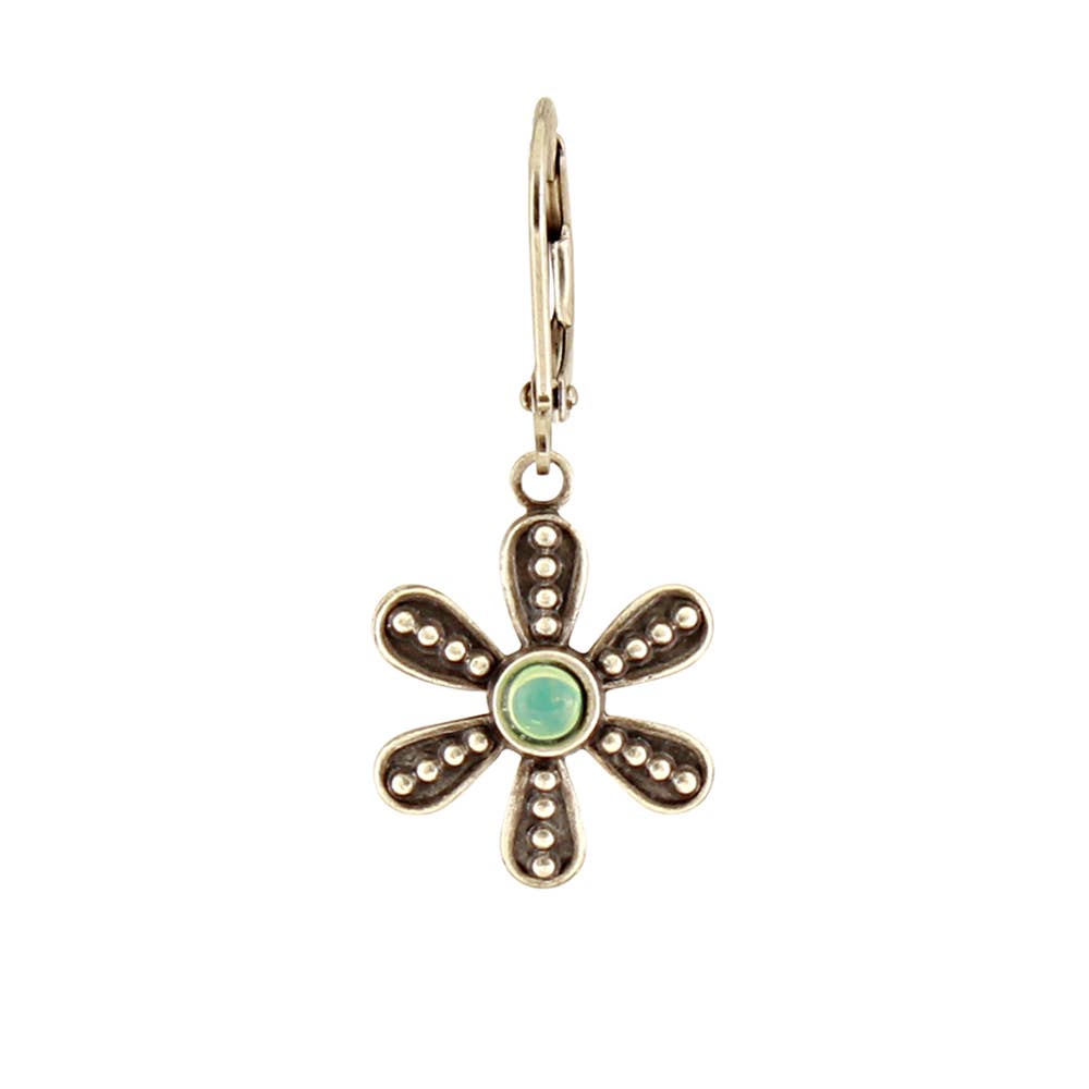 Gold flower-shaped earring with a green gemstone on a white background