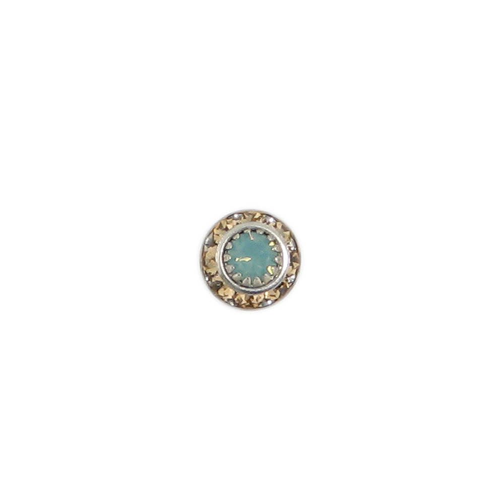 A single round stud earring featuring a central light blue-green stone surrounded by a halo of small gold and clear stones, set in a silver-toned border.