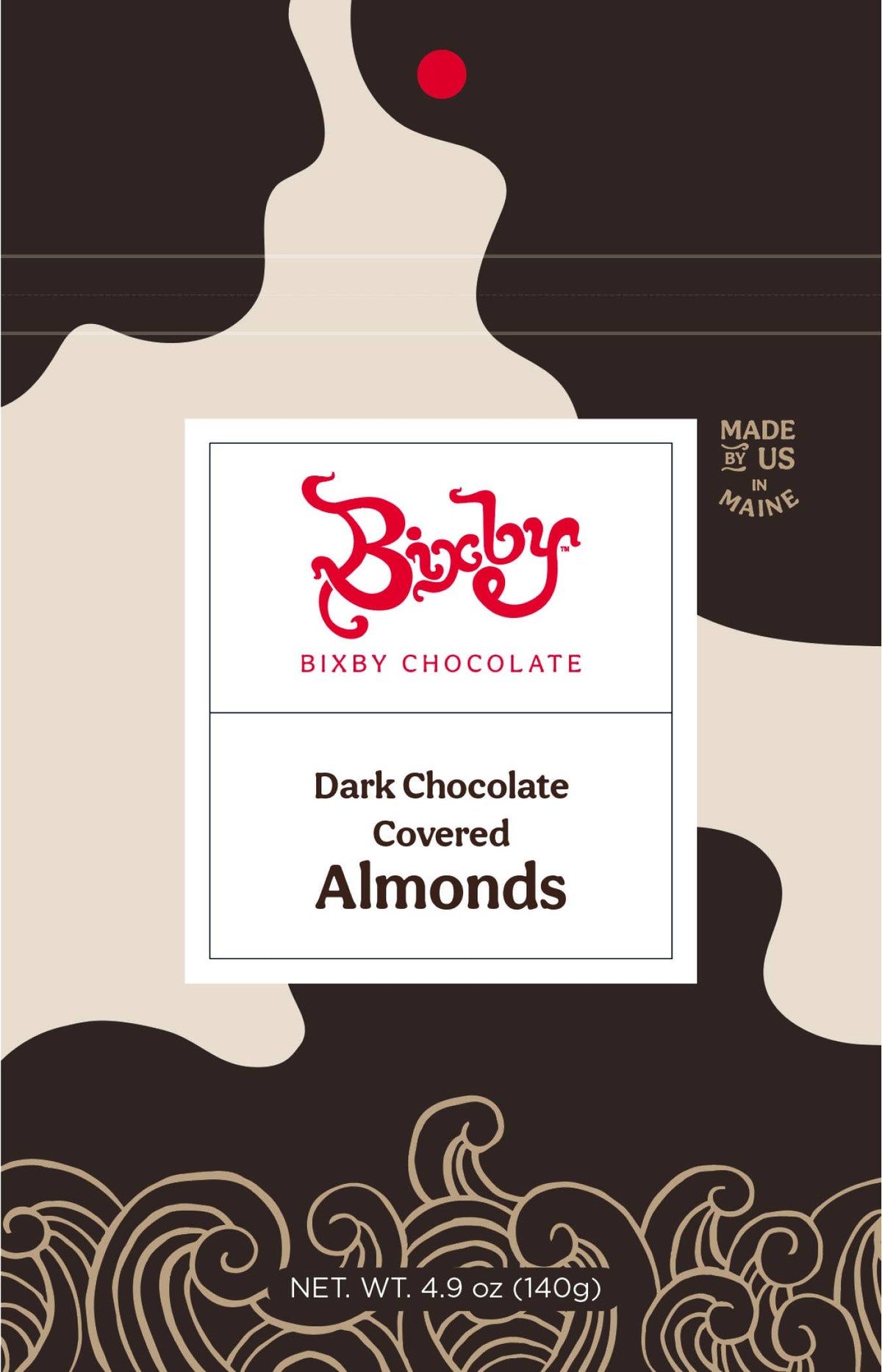 Bixby Chocolate Dark Chocolate Covered Almonds packaging, featuring a white central label with red and black text, set against a dark brown and beige abstract background with gold decorative flourishes at the bottom.