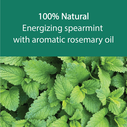 A promotional graphic with a dark green text banner reading '100% Natural Energizing spearmint with aromatic rosemary oil' above a close-up photo of fresh green spearmint leaves.