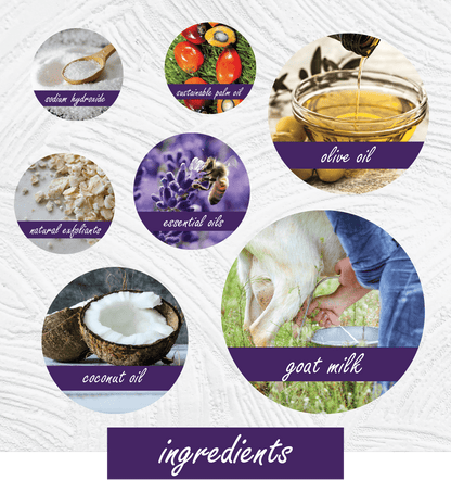 An infographic-style ingredient collage on a white textured background with purple labels. The circles show and name: cedar hydrobrite, natural palm oil, olive oil, natural exfoliant, essential oils, coconut oil, and goat milk.