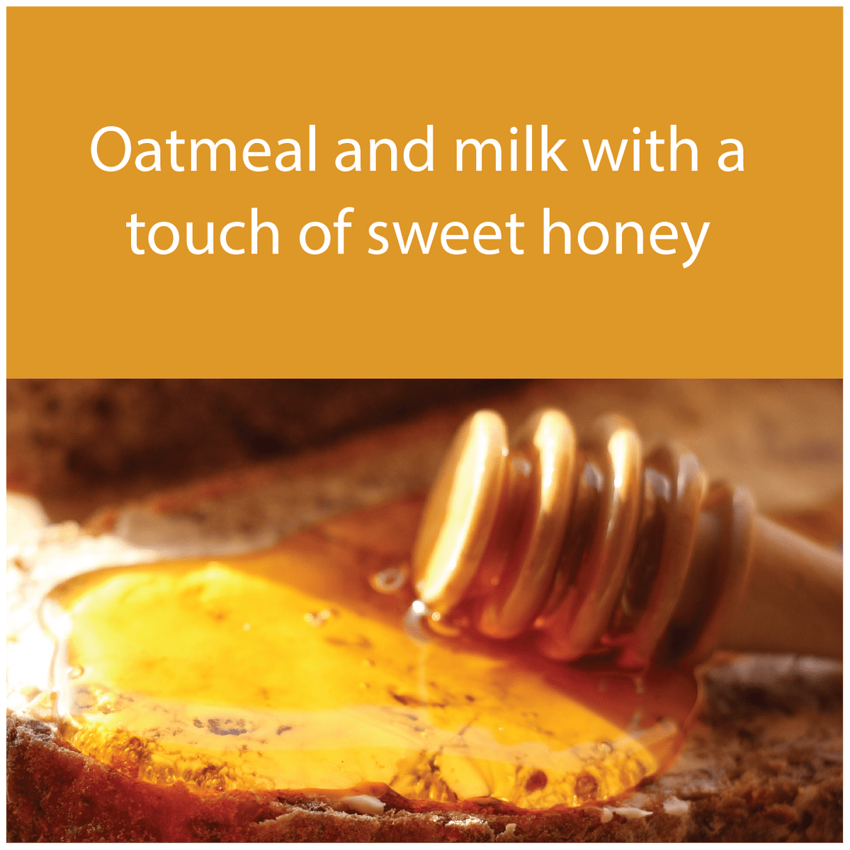 A close-up food photo of honey being drizzled over oatmeal and milk on a slice of bread, with a wooden honey dipper resting on top. A mustard-yellow banner at the top reads, 'Oatmeal and milk with a touch of sweet honey.