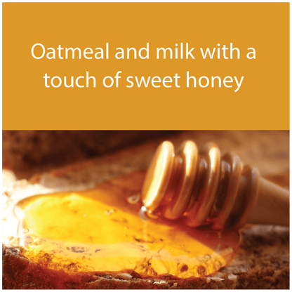 A close-up food photo of honey being drizzled over oatmeal and milk on a slice of bread, with a wooden honey dipper resting on top. A mustard-yellow banner at the top reads, 'Oatmeal and milk with a touch of sweet honey.