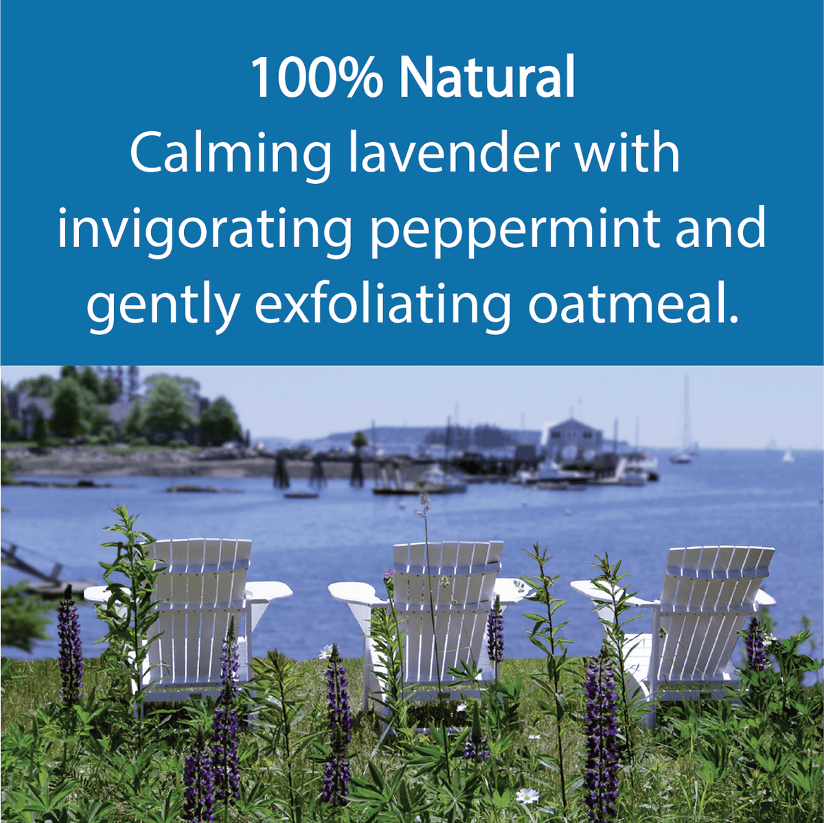 A scenic outdoor coastal scene with three white Adirondack chairs facing the water, surrounded by green plants and purple flowers. A large blue text banner at the top reads: '100% Natural Calming lavender with invigorating peppermint and gently exfoliating oatmeal.