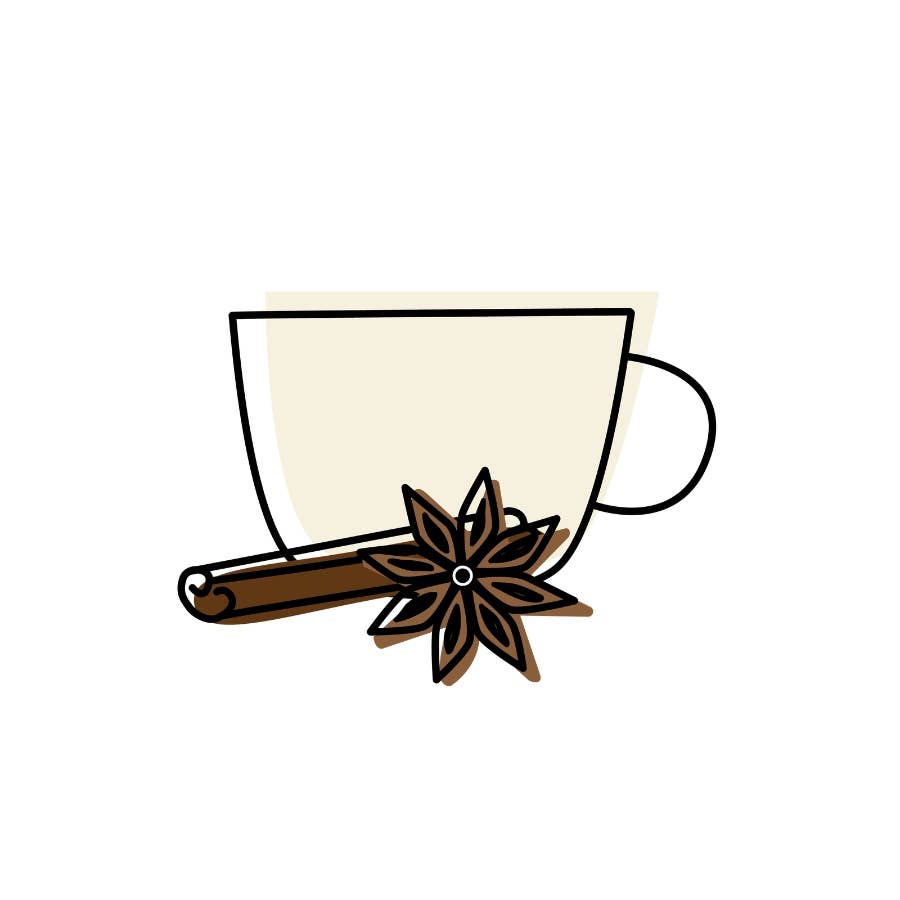 Illustration of a cup with a cinnamon stick and star anise on a white background