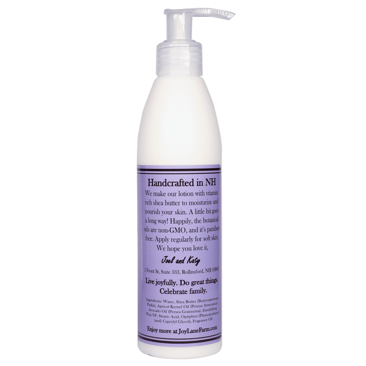 A white pump bottle of handcrafted lotion with a purple label, featuring the brand Joy Lace Farm on the front, set against a plain white background.