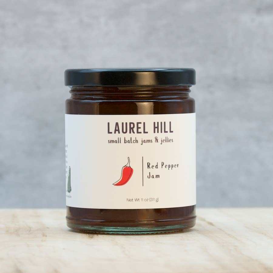 Jar of Laurel Hill Red Pepper Jam on a neutral background