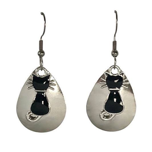 A pair of silver teardrop dangle earrings featuring a black cat silhouette inlay, shown against a plain white background.