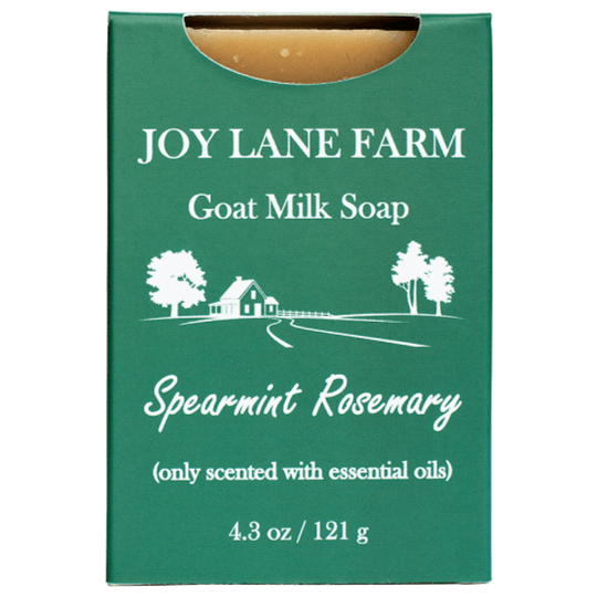 A green rectangular soap bar package labeled JOY LANE FARM Goat Milk Soap, Spearmint Rosemary, with white text and a small white farm illustration, shown on a plain white background.