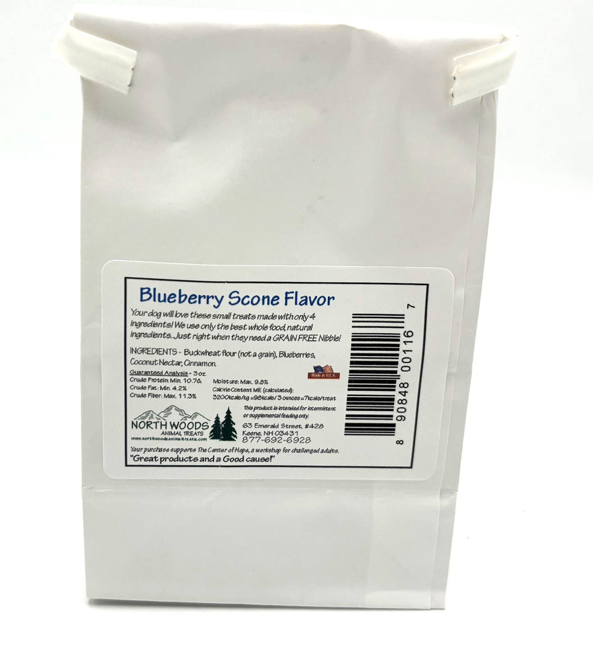 A white paper bag package with a large white label reading 'Blueberry Scone Flavor' and the North Wood Products logo, photographed on a white background.