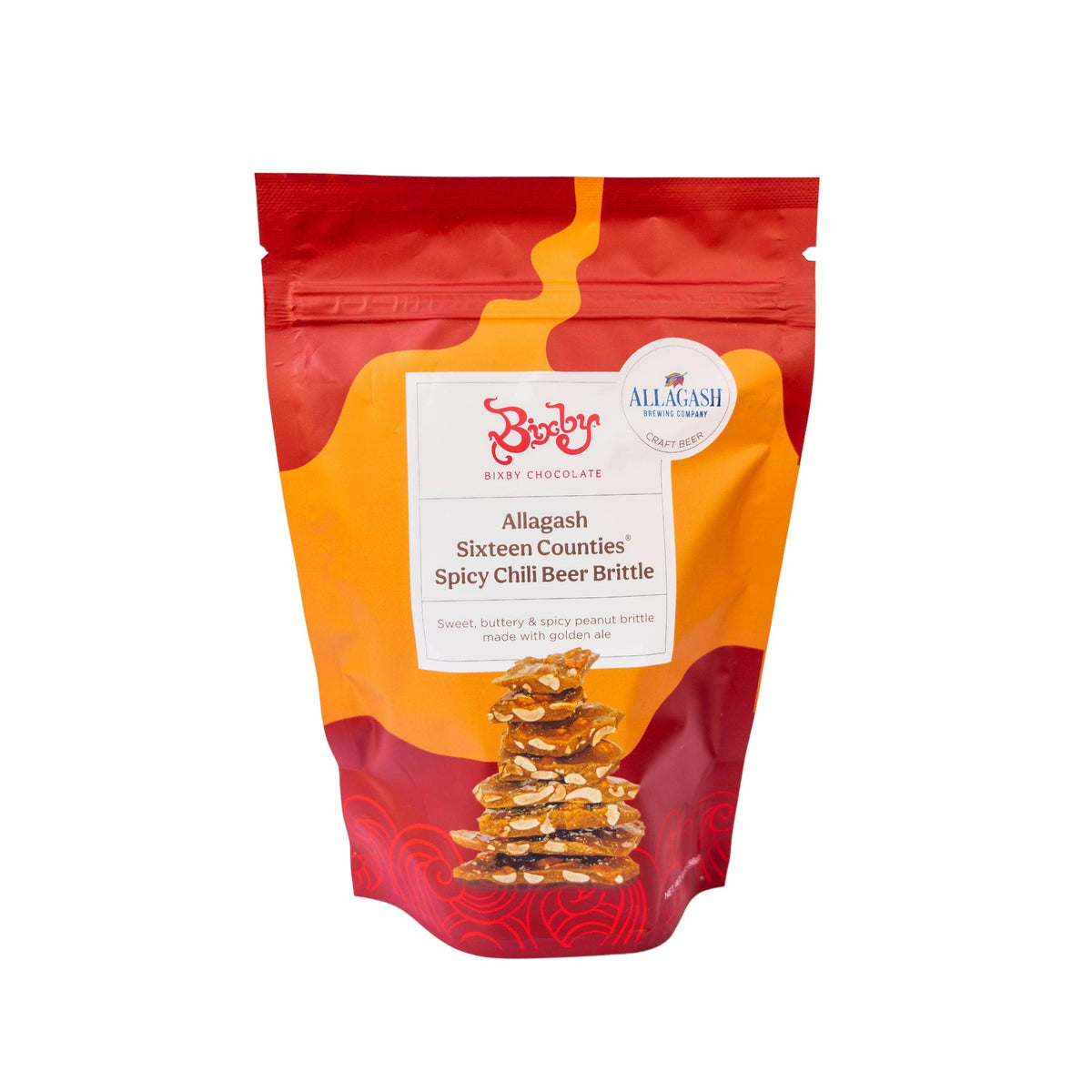 Packaged spicy chili beer brittle with a red and orange design on a white background