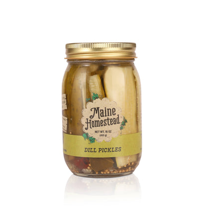 Jar of Maine Homestead Dill Pickles on a white background