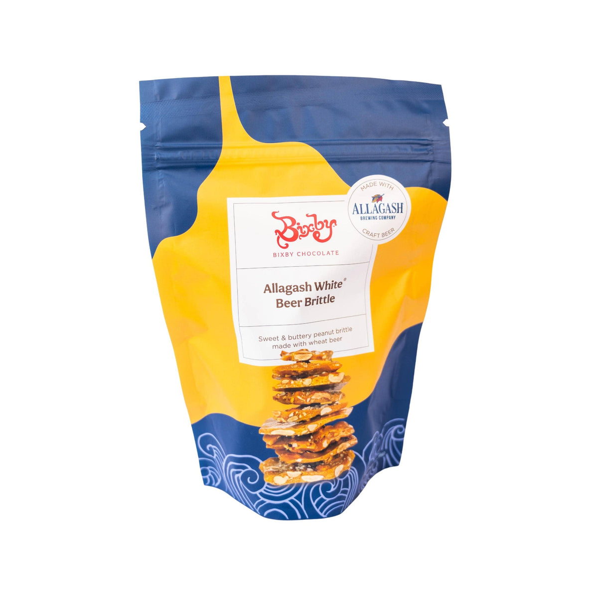 A stand-up pouch of Brixton Allagash White Beer Brittle, featuring a blue and yellow design with a photo of the brittle pieces stacked on the front, set against a plain white background.