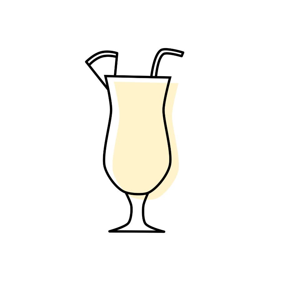 A minimalist line-art illustration of a tall cocktail glass filled with pale yellow liquid, with two curved straws and a small garnish, centered on a white background.