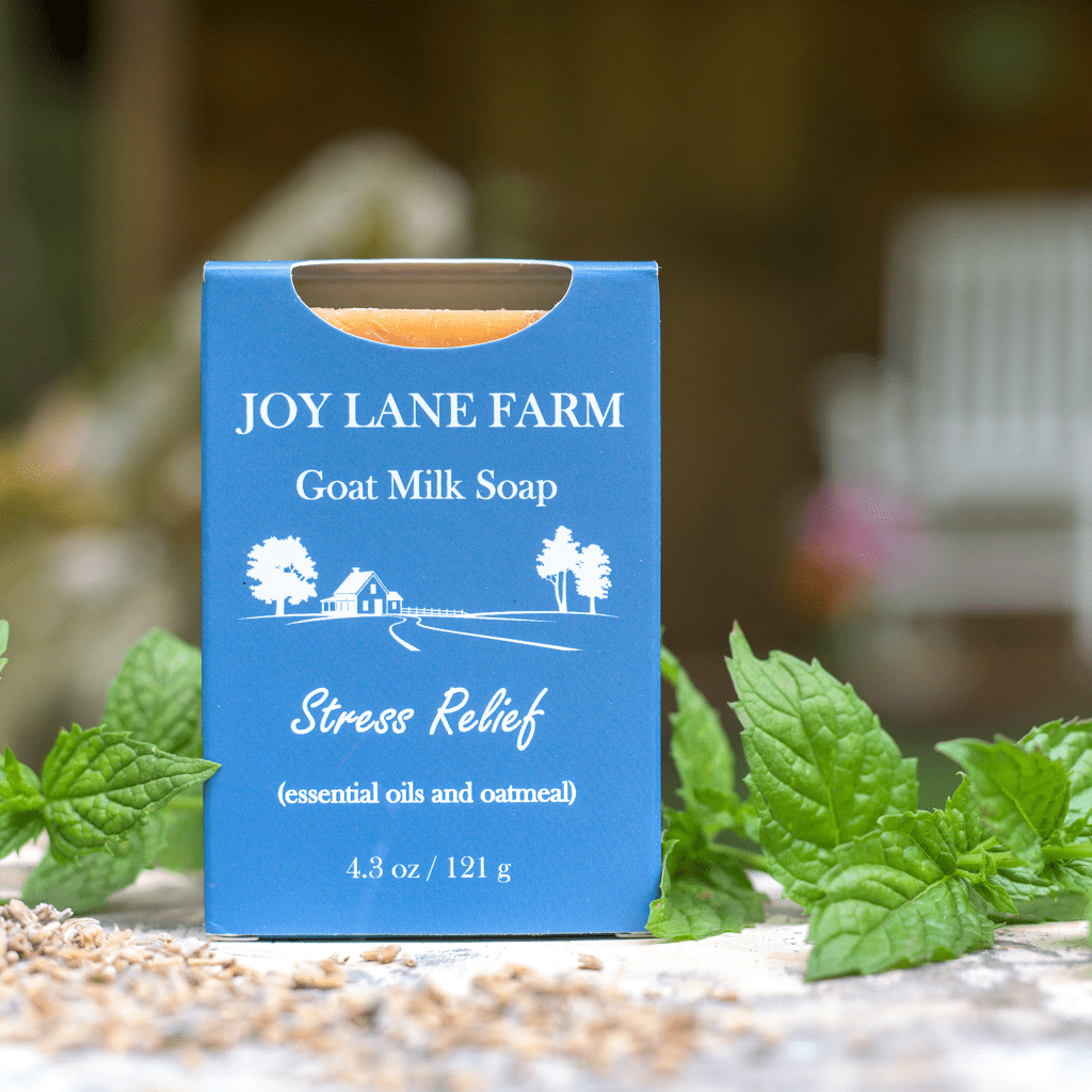 A blue soap bar box labeled Joy Lane Farm Goat Milk Soap, Stress Relief, standing on a stone surface with mint leaves and dried botanicals around it. The background is softly blurred outdoor scenery.
