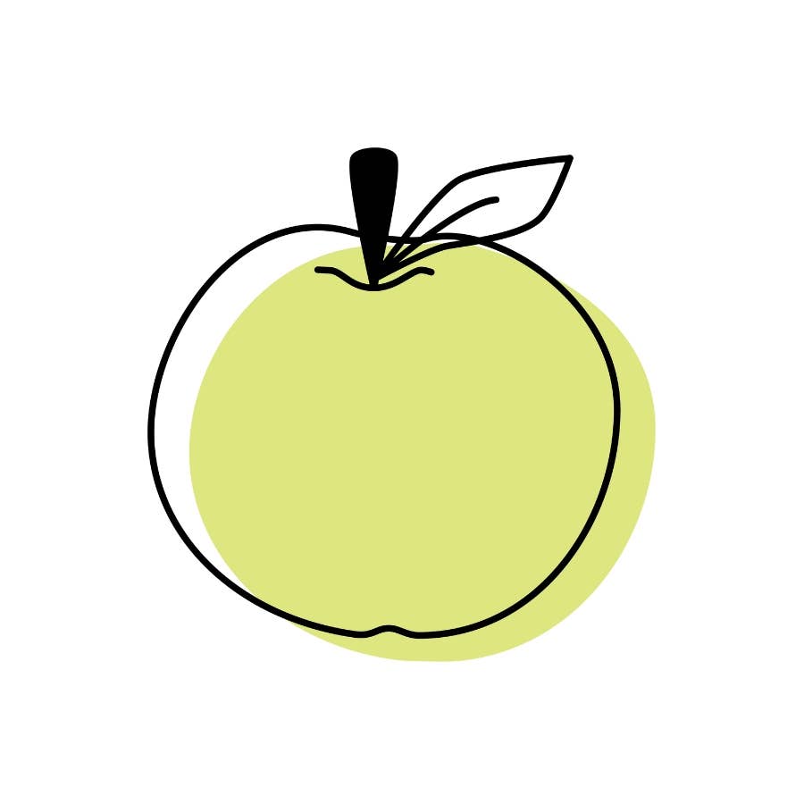 A minimalist line art illustration of a light green apple with a black stem and leaf, centered on a solid white background.