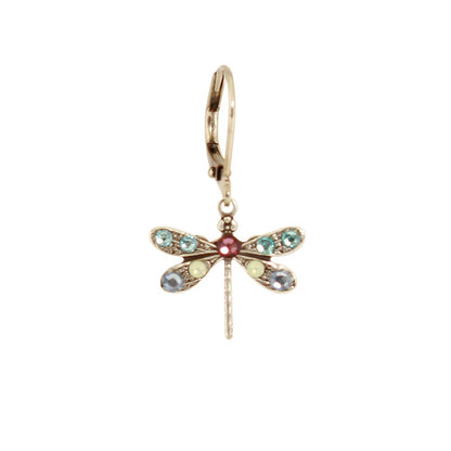 Dragonfly-shaped earring with colorful gemstones on a white background