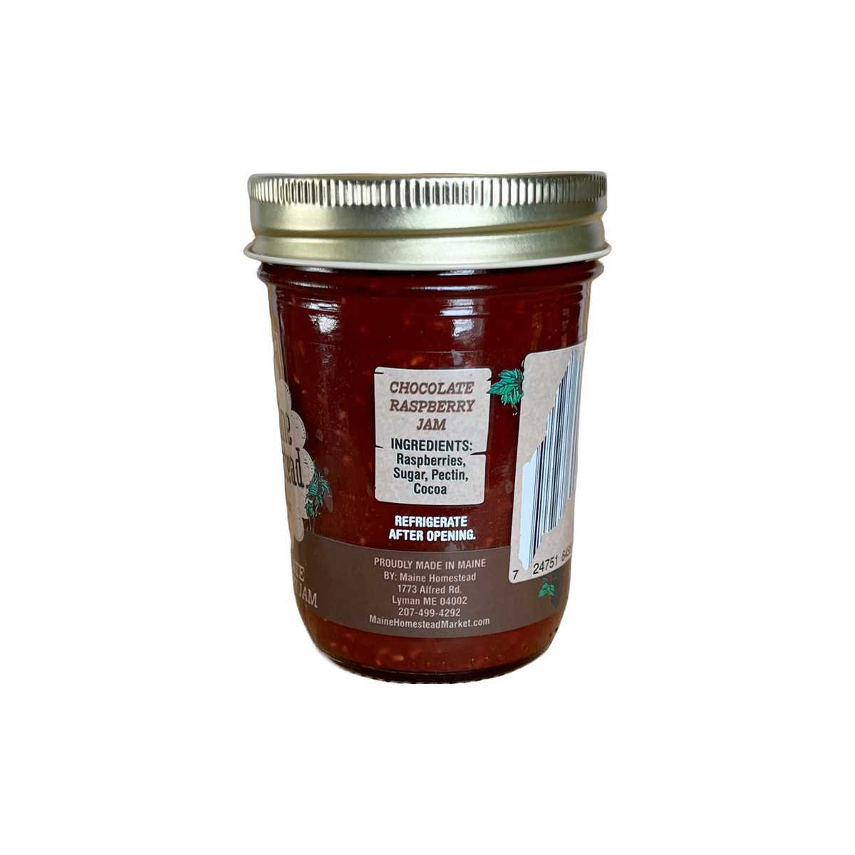 A glass jar of Chocolate Raspberry Jam with a gold metal lid, shown against a plain white background.