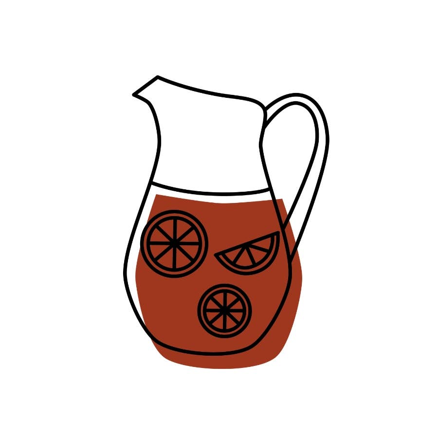 A simple line-art illustration of a pitcher filled with reddish-brown liquid and decorated with orange slice motifs, centered on a plain white background.