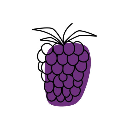 Illustration of a purple raspberry with black outlines on a white background