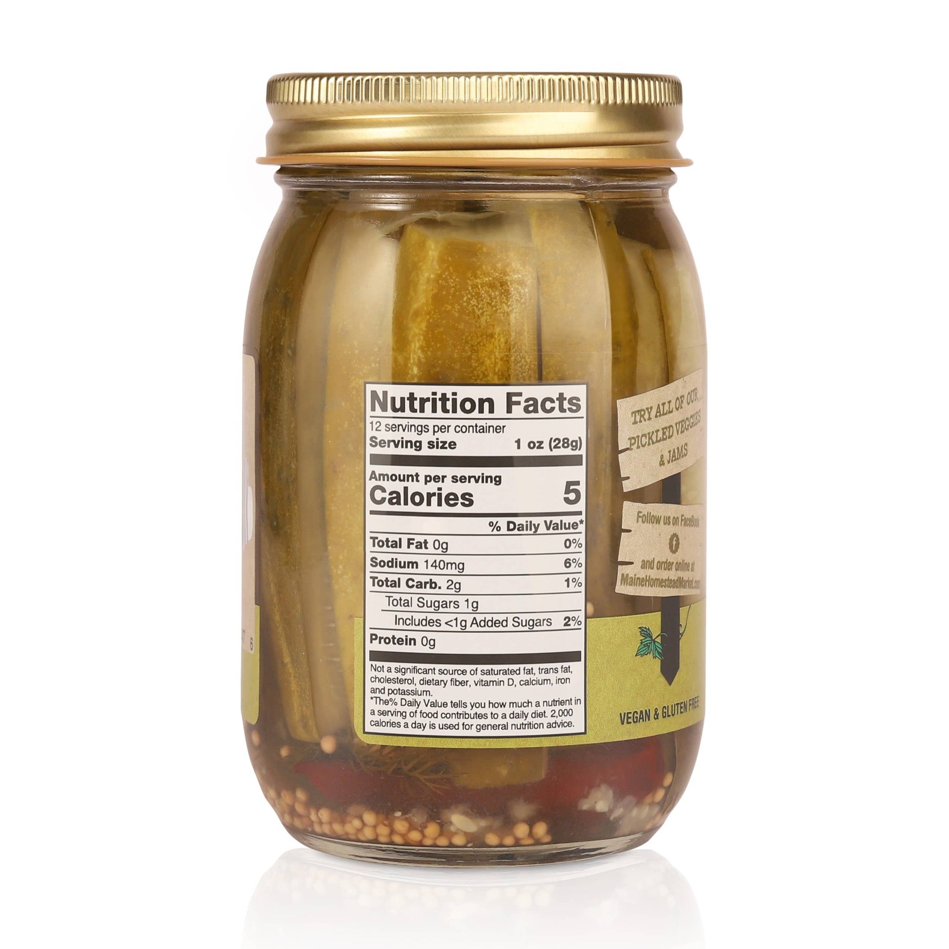 Jar of pickles with a nutrition facts label on a white background