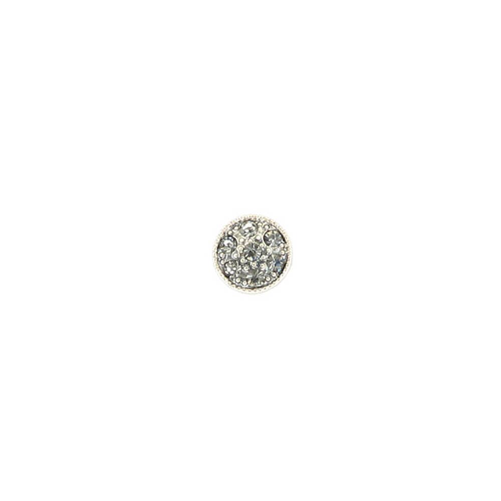 A single round stud earring featuring a pavé setting of small clear stones in a silver-tone metal, centered on a plain white background.