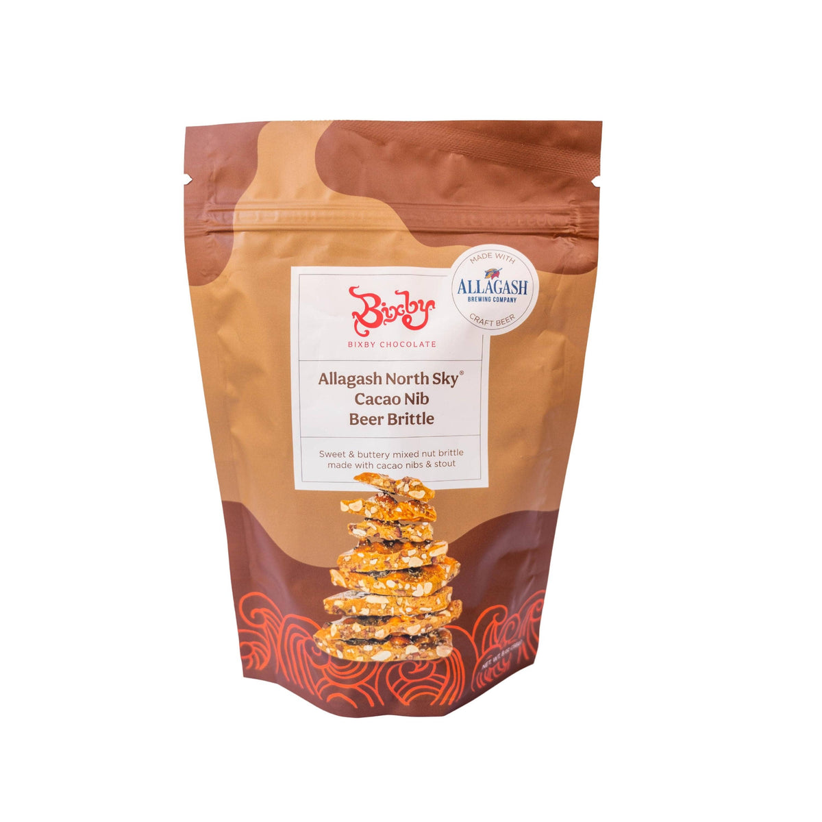 Bag of Allagash North Sky Cacao Nib Beer Brittle with branding on a white background