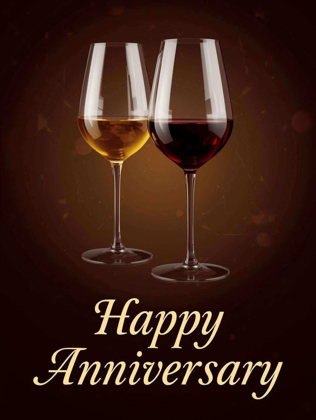 Two wine glasses with one containing white wine and the other red wine, on a dark background with 'Happy Anniversary' text.