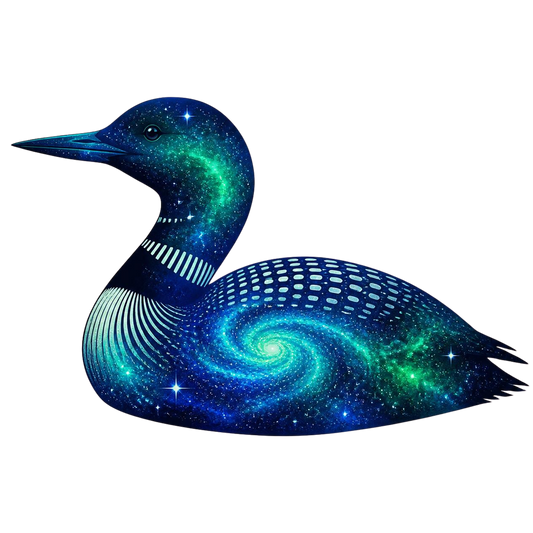 A stylized loon illustration filled with a galaxy pattern, featuring swirling blue and green nebulae, white stars, and geometric line details on a plain white background.